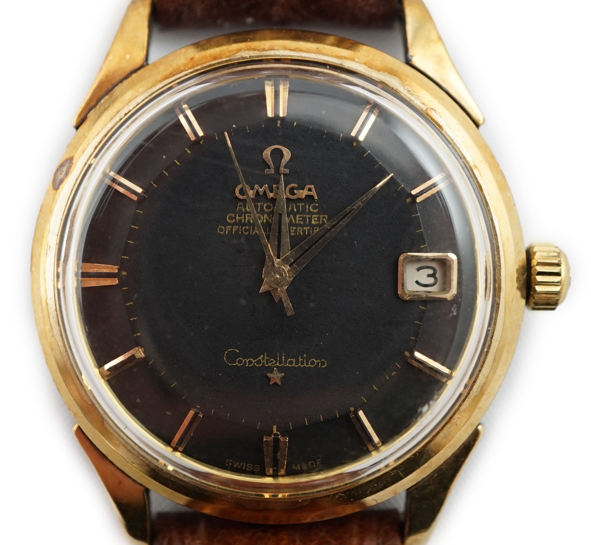 A gentleman's 1960's stainless steel and gold plated Omega Automatic Chronometer Constellation 'pie pan' black dial wrist watch